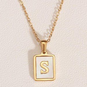 S Letter Initial Pearl Shell Pendant Necklace PVD 18K Gold Plated Stainl…